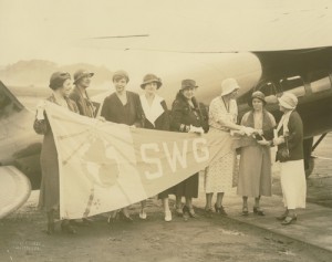 (left to right) Gertude Mathews Shelby, Marjorie Turnbull, Lucille Sinclair Douglass, Blair Niles, Delia Akeley, Grace Murphy, Gertrude Emerson Sen, Harriet Chalmers Adams. June 1932.