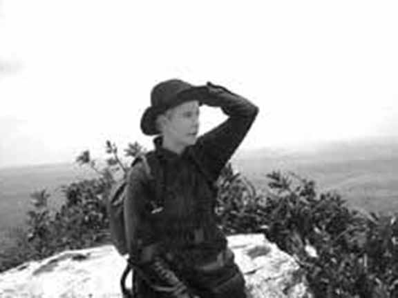 A person wearing a cowboy hat looks into the distance while sitting on a rocky landscape, surrounded by foliage under a bright sky.