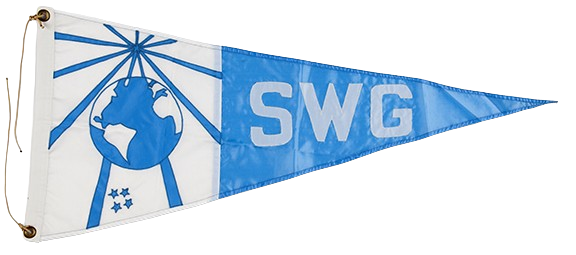 A triangular pennant featuring a blue and white design with "SWG," a globe, and stylized stars on a black background.
